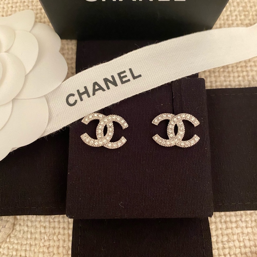 Chanel Silver Crystals CC Stud Earrings New 2021